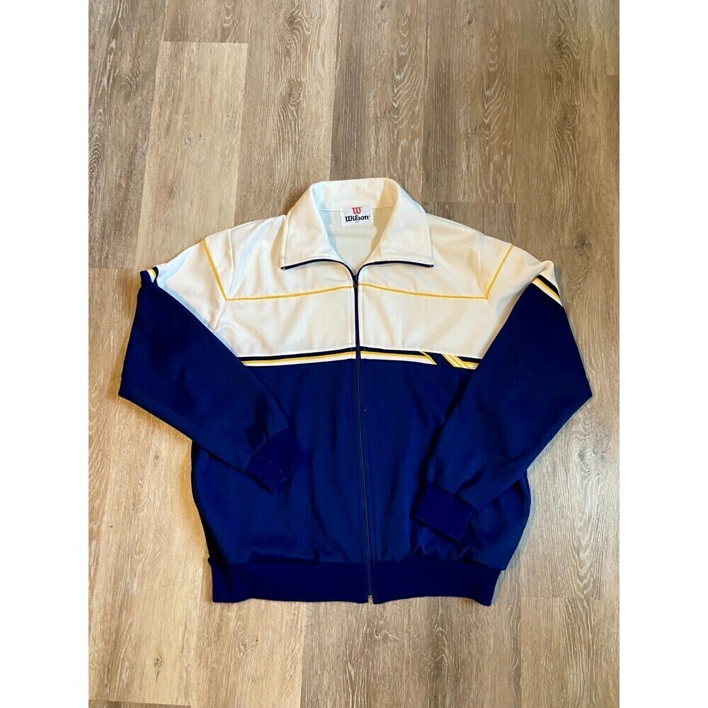 VTG 80s 90s Wilson Retro Blue White Gold Track Jacket Large Golf Tennis Zip Stri